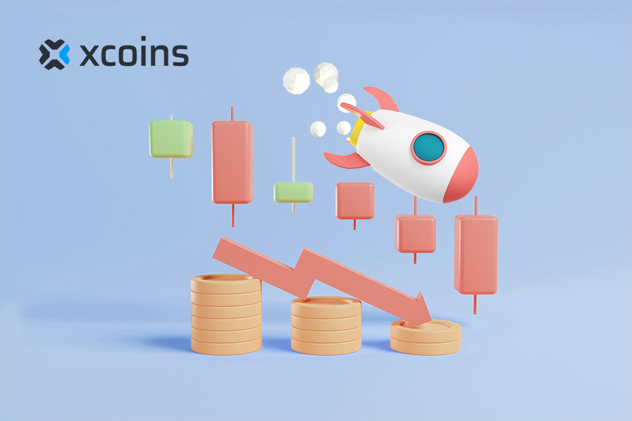 a vector illustration of a skyrocket crashing down with coins underneath it and an arrow going downwards on top with Xcoins logo