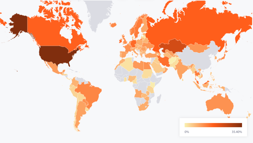 The Cambridge Bitcoin Electricity Consumption Index mining map tracks the distribution of Bitcoin’s hashrate over time. Map depicted shows hashrate from Aug 2021.