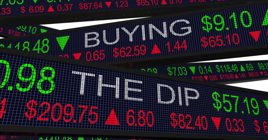 Buying the Dip text on a crypto market screen