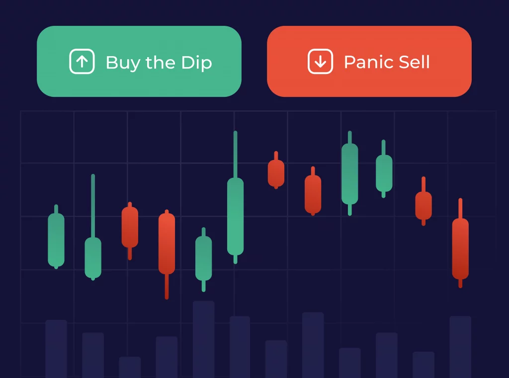 A candle chart with two buttons at the top, one saying Buy the Dip and other says Panic Sell