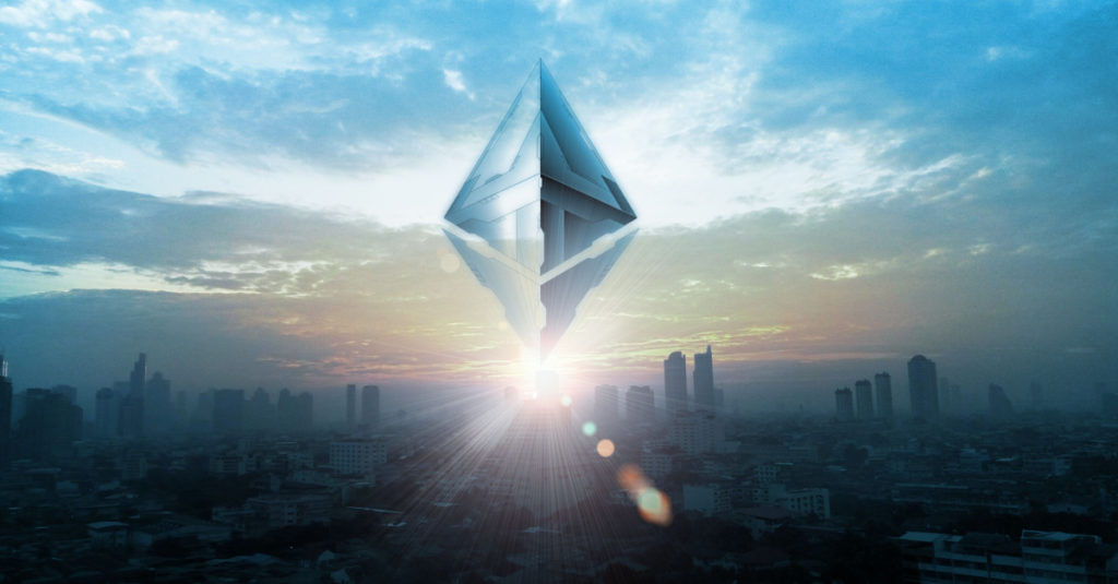 An image of the logo of Ethereum sitting over a city skyline
