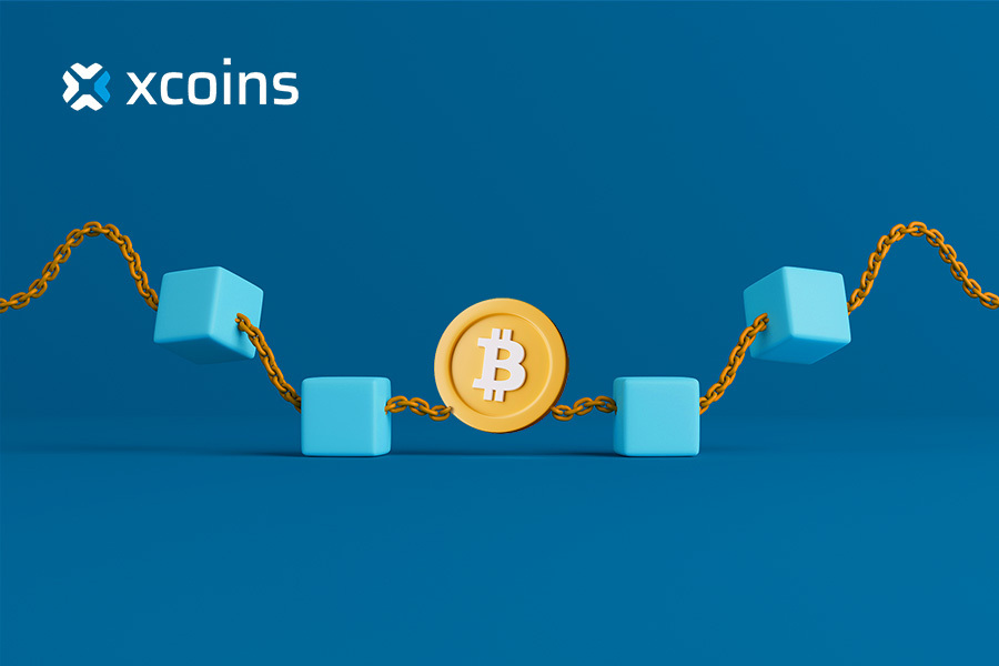 An illustration of a chain with Bitcoin coin in the middle signifying the blockchain