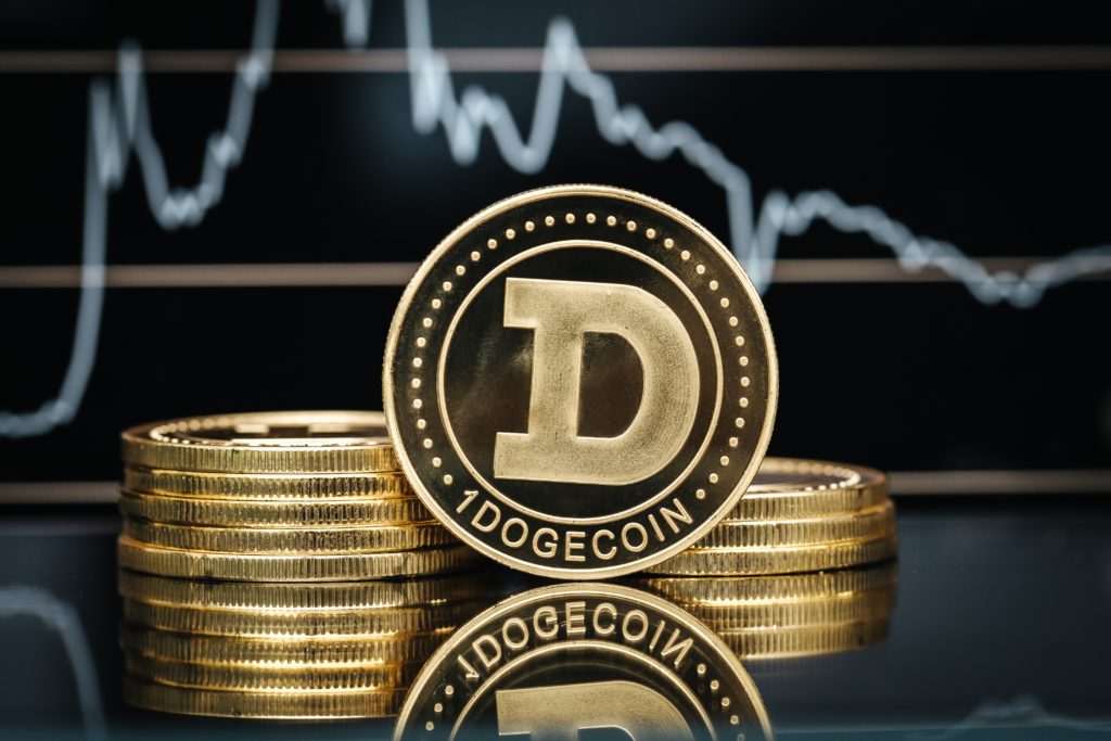 Picture of a physical Dogecoin coin with the image of a graph behind.