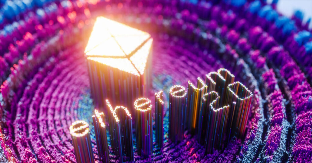 A futuristic 3D illustration of Ethereum’s name and logo in gold, in the middle of purple and pink sand.