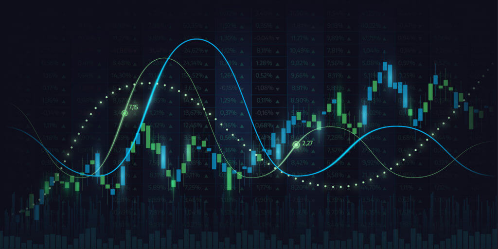 A financial market chart set on a blue background