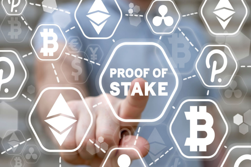 A grpahic of proof of stake together with bitcoin and ethereum icons