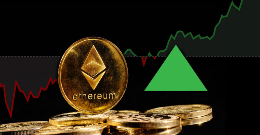 eth coin and green up arrow over price chart