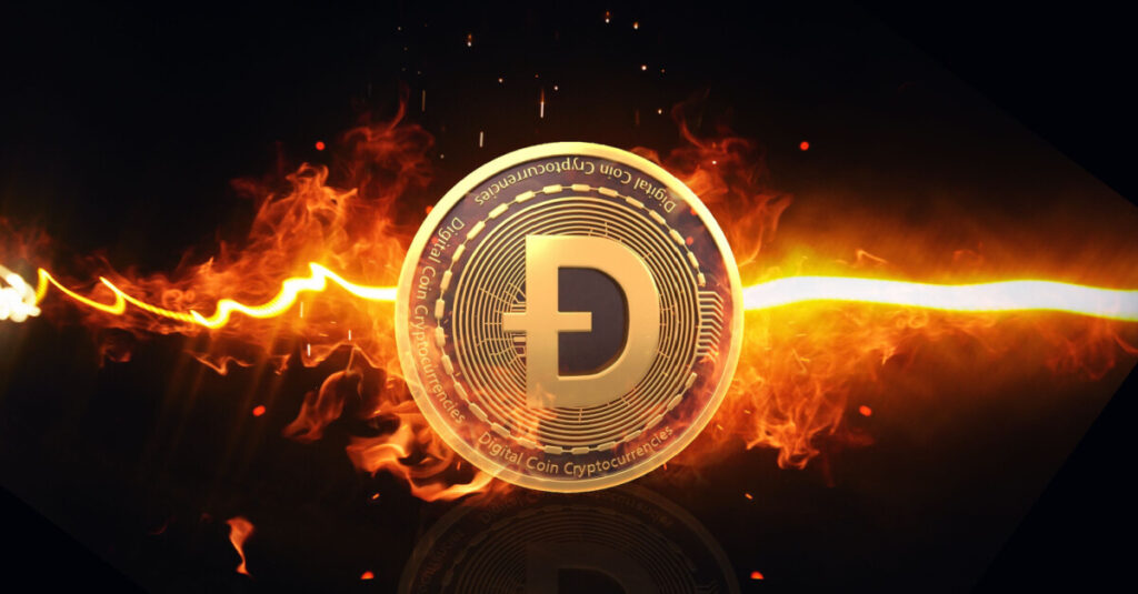 Doge coin with a flame fire running through it
