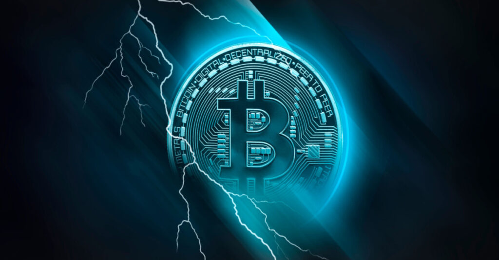 Blue Bitcoin coin surrounding by lightning bolts