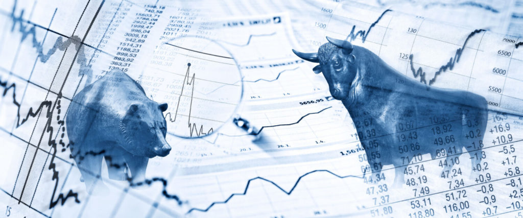 Image of a bull and bear surrounded by financial data
