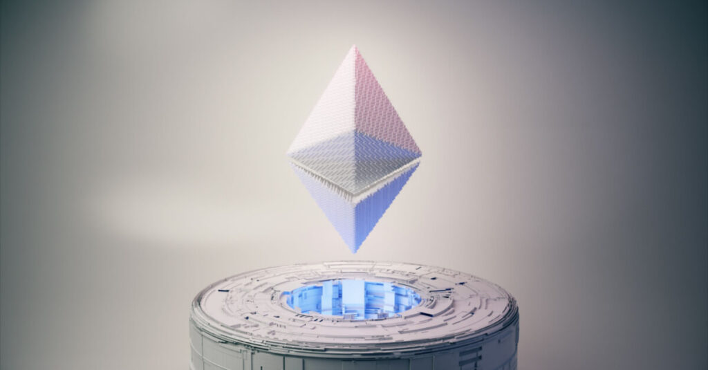 Pixel animation of Ethereum coin symbol logo with neon lighting.
