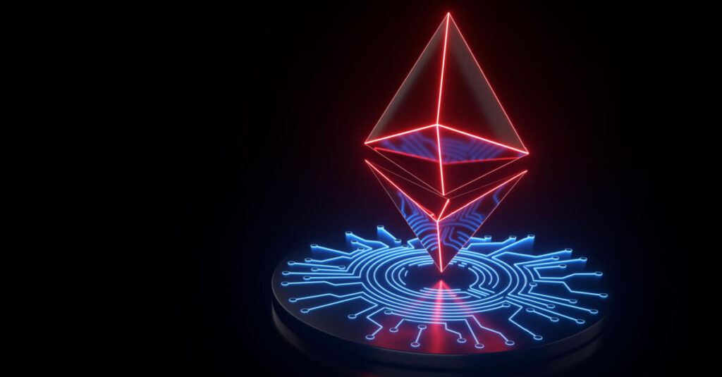 Ethereum i con ona black background with blue illustrations at its bottom