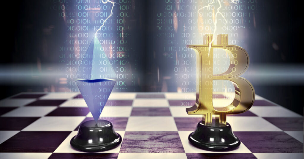 Bitcoin and Ethereum on a chess board