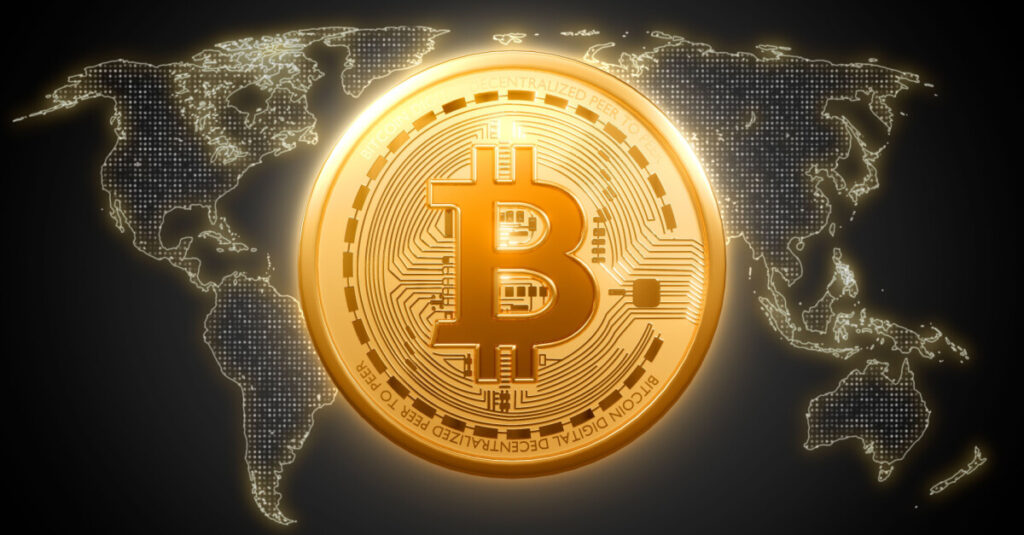 Golden Bitcoin coin in front of world map composed of digital characters