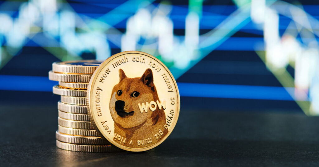 Stack of golden DOGE coins in front of price chart