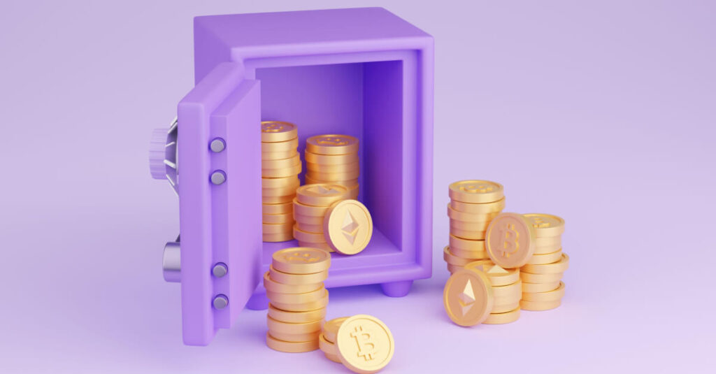 purple illustrated safe with bitcoins and ethereum coins pouring out