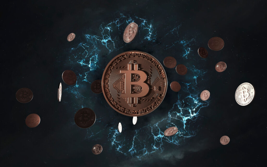 Multiple Bitcoin coins falling through the air