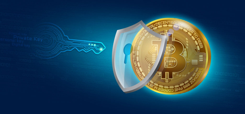 Private Keys help prevent unwarranted access to your funds, illustrated by a transparent shield over a gold bitcoin