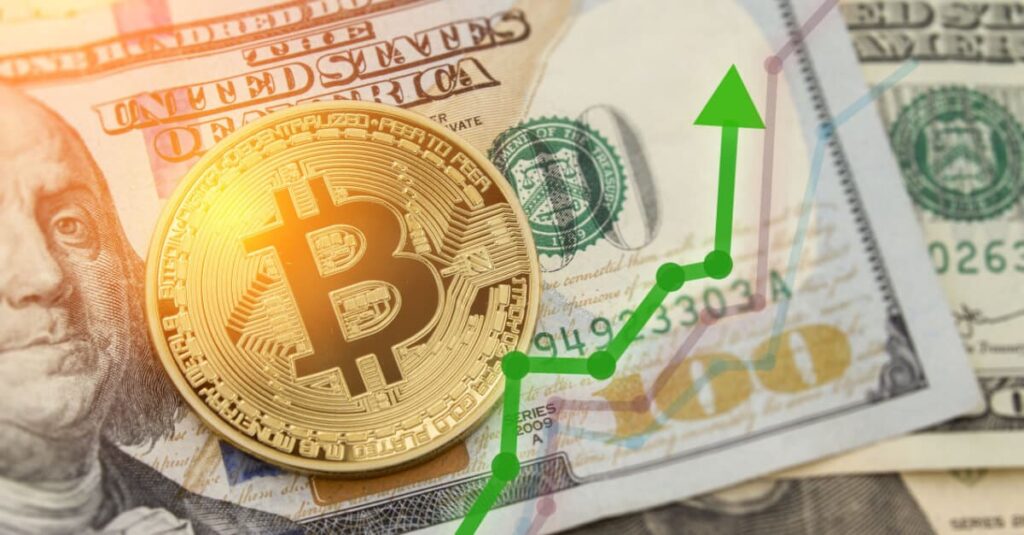 Gold bitcoin sitting on USD note with rising price chart in foreground