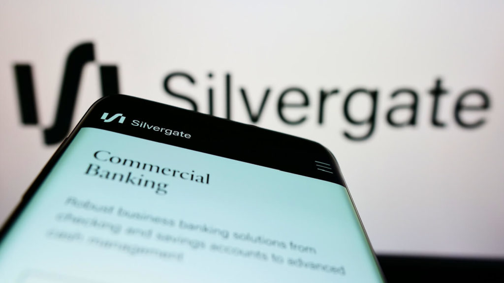 Logo for Silvergate bank shown on a phone