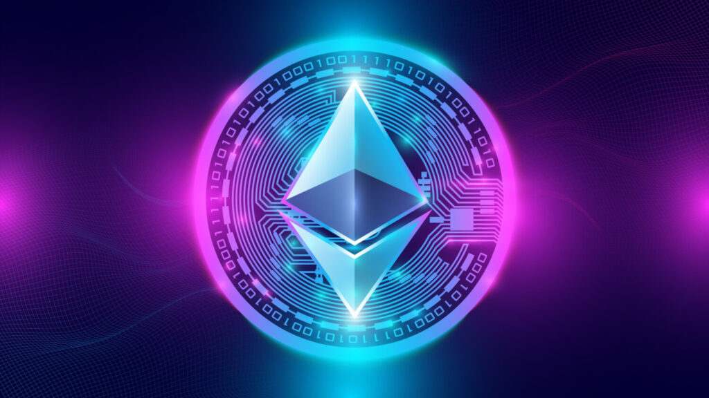 etheum logo on glowing blue background