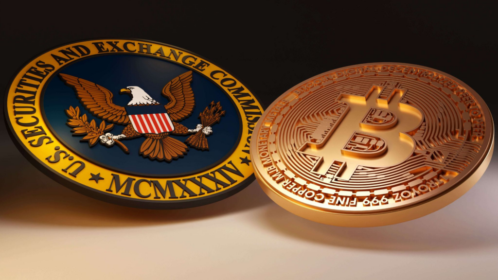  Logo for the Security and Exchange Commission next to a golden Bitcoin
