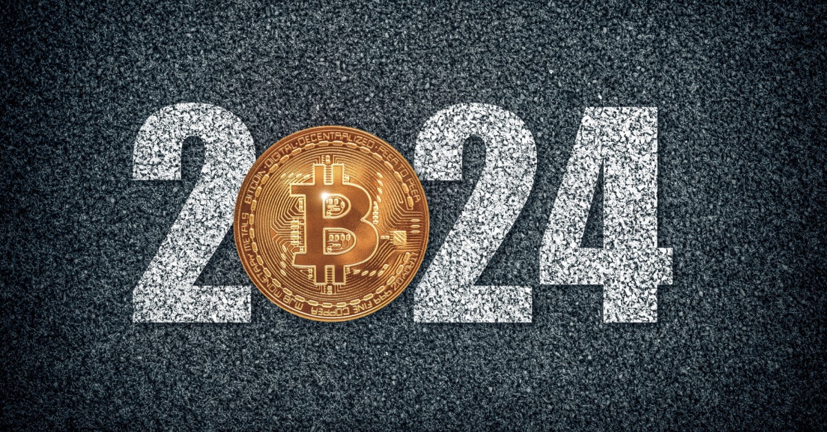 The year 2024 illustrated with starts and a bitcoin in the number zero