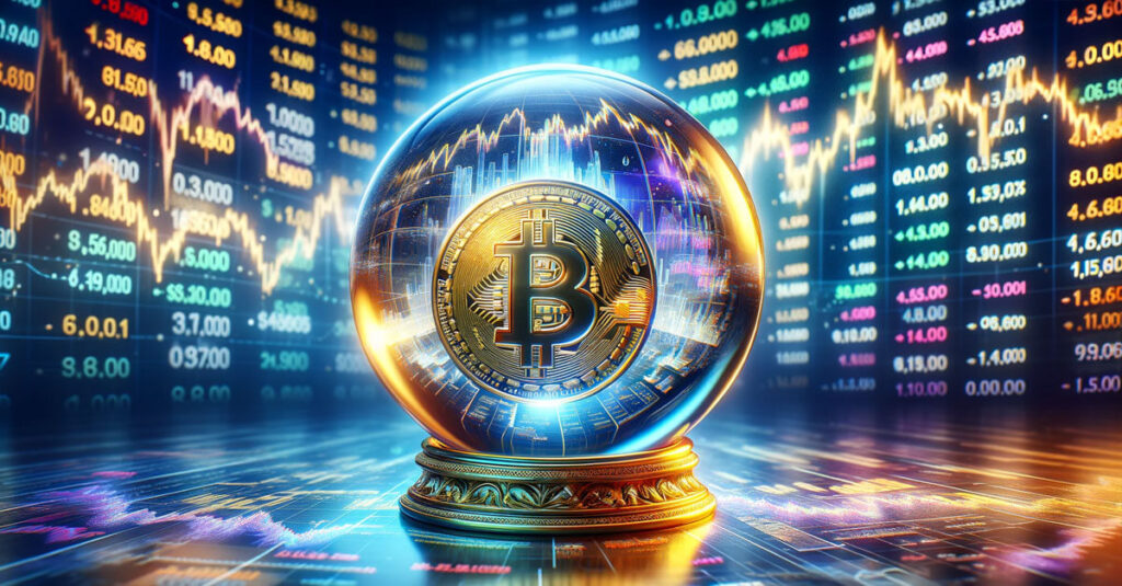 vivid and detailed crystal ball with the Bitcoin symbol, set against a dynamic background of surging price charts