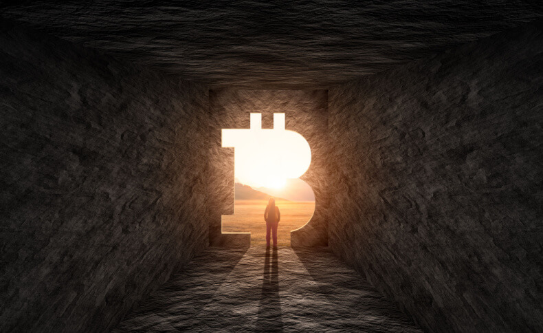 man staring into the sun through a btc symbol shaped hole in the wall