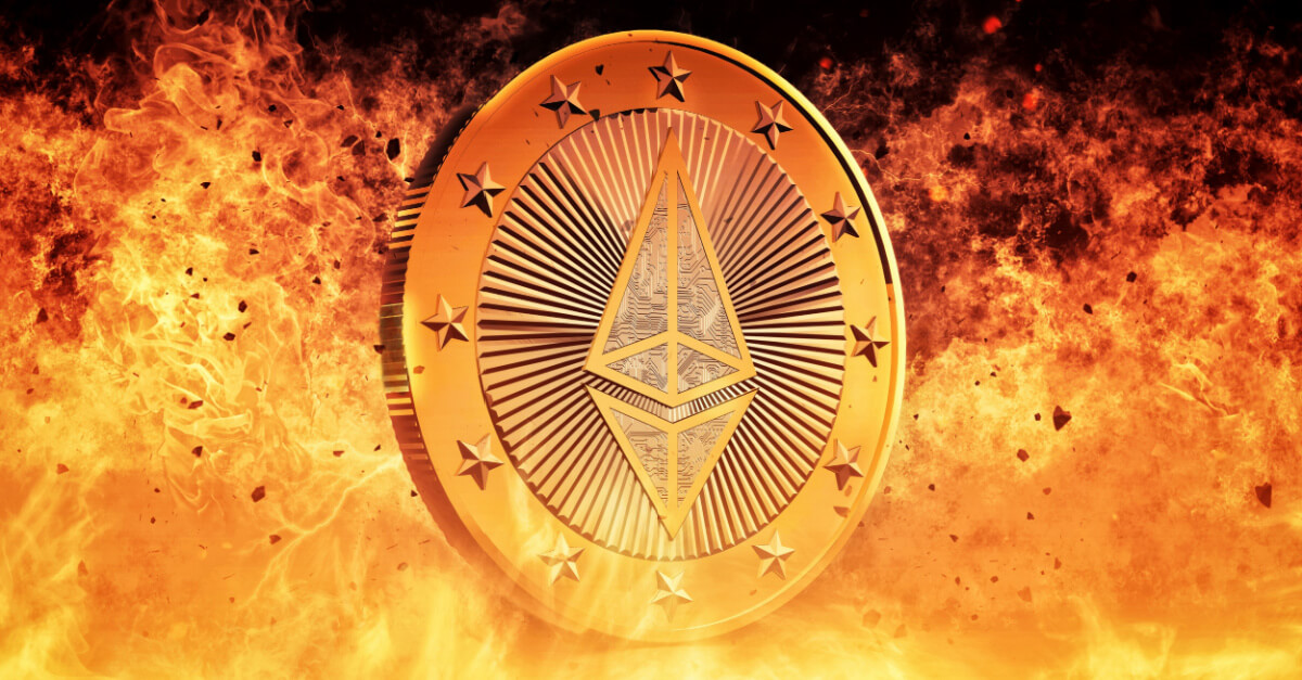 eth coin in front of flames reflections gold