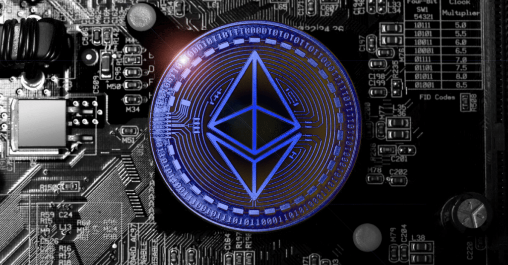 blue eth in front of computer chip board