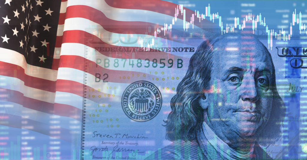 Artistic impression of the US dollar, flag and btc chart overlayed