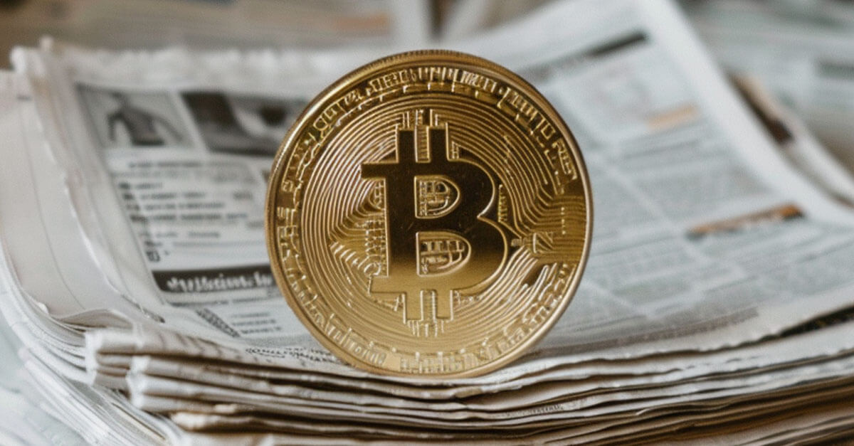 a beautiful gold bitcoin above a pile of newspapers