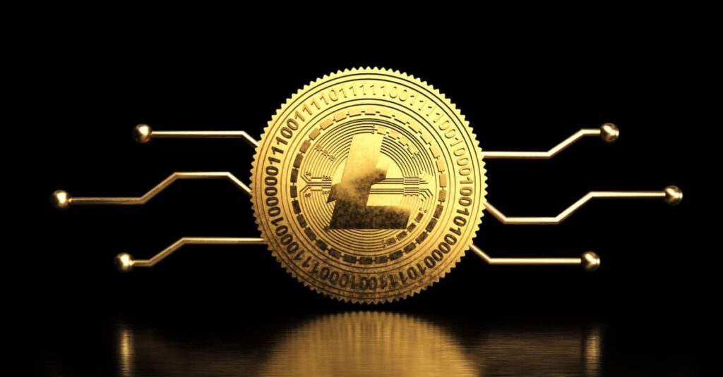 GOLD LITECOIN with chip board art imagery on black background