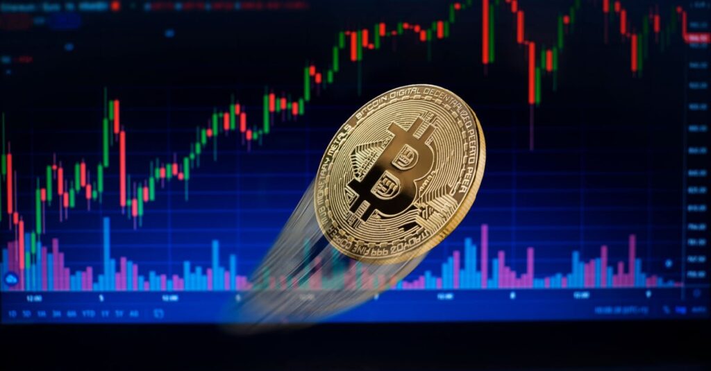 bitcoin in front of surging price chart