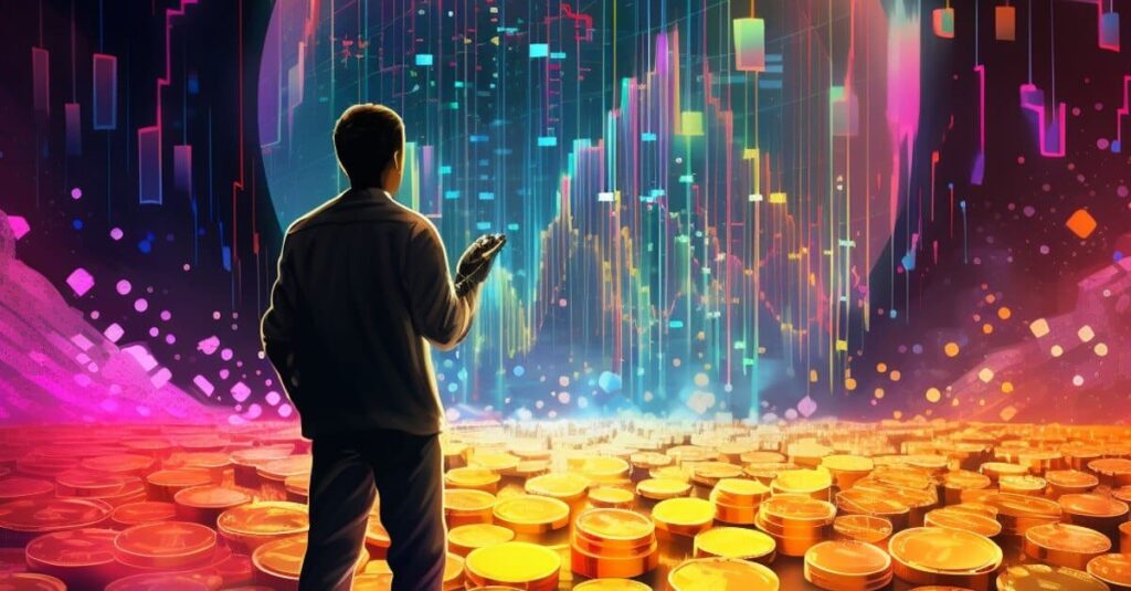 man looking at sea of golden coins and artistic impression of crypto price charts