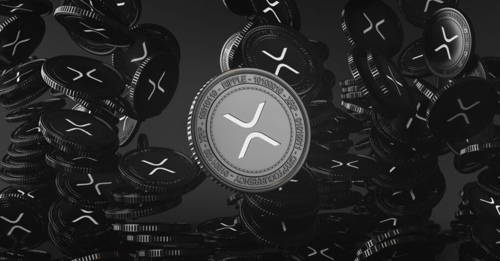 black xrp coin in front of background of raining xrp coins