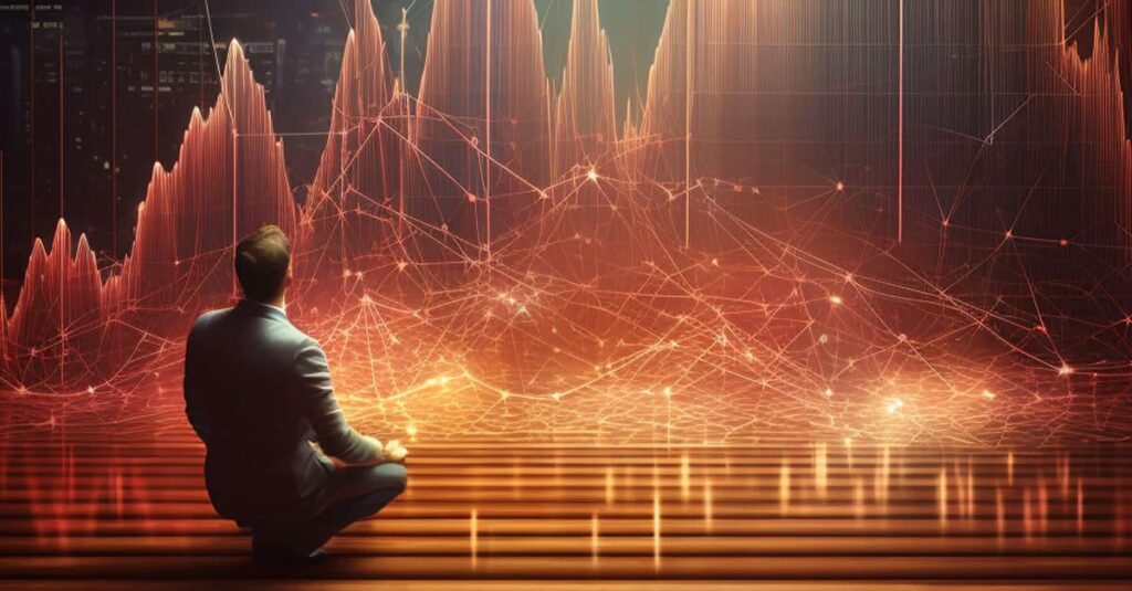 A man sitting cross legged on the floor slooking up at a dazzling artist's impression of a bitcoin price chart