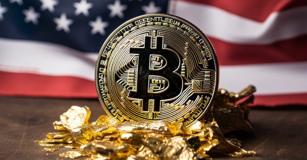 gold and bitcoin infront of us flag