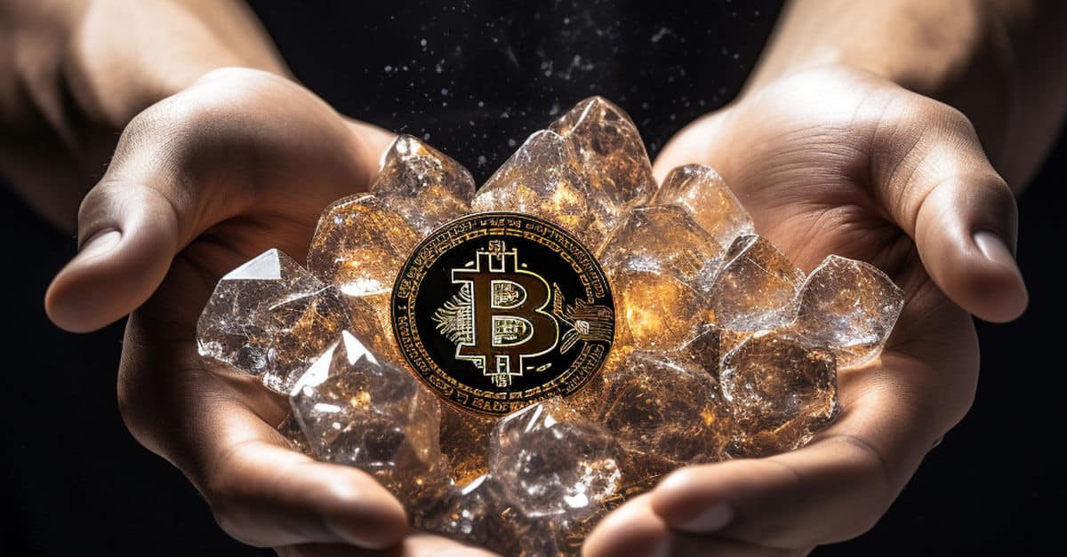 bitcoin in a pile of diamonds in a pair of hands representing diamond hands