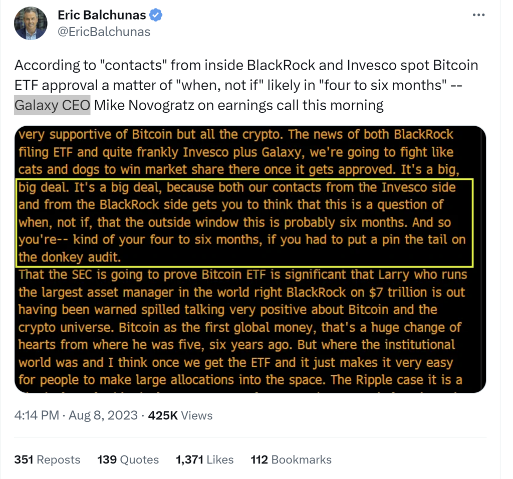 Tweet de Eric Balchunas citando al CEO de Galaxy Digital sobre la fecha prevista de la primera aprobación de un ETF de Bitcoin al contado.