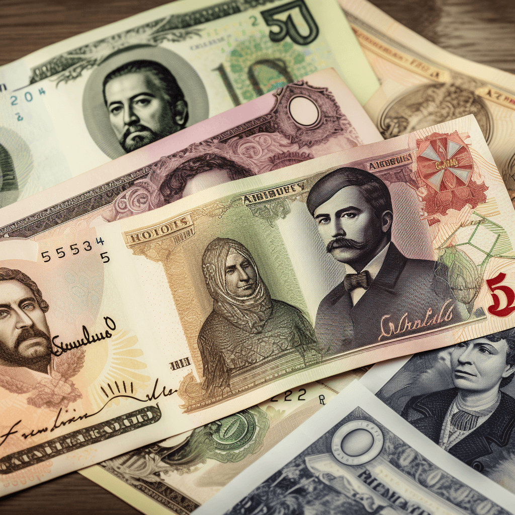  pastiche image highlighting currencies from the following countries: Argentina, Venezuela, Lebanon, Egypt, Turkey, and Nigeria.