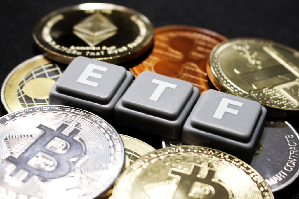 etf letters above crypto coins