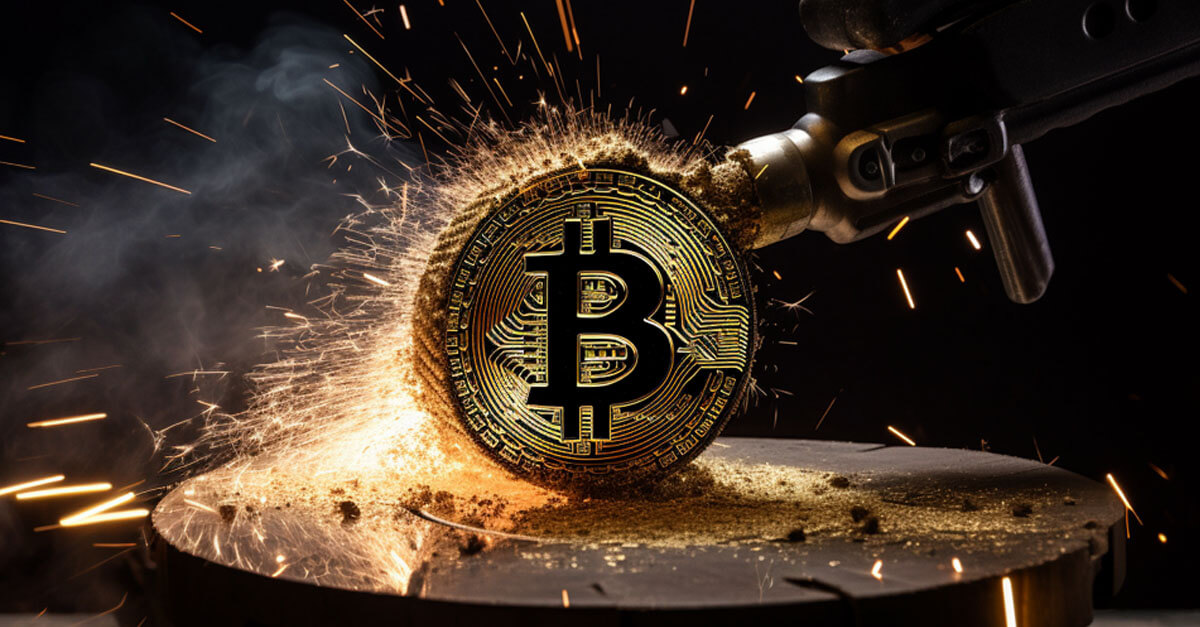 A floating chainsaw cuts a gold Bitcoin in half, sparks flying
