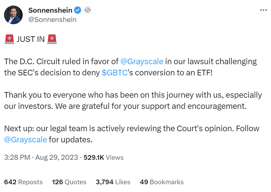 Tweet del director ejecutivo de Grayscale, Michael Sonnenshein