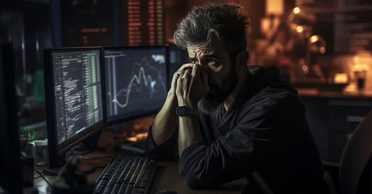 bitcoin trader with anxious expression looking at trading screen