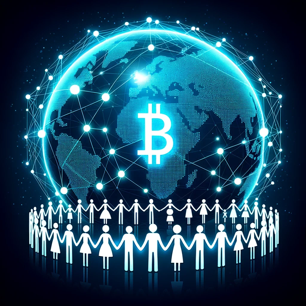 Artist's impression of bitcoin community, citizens holding hands around a globe with the btc symbol
