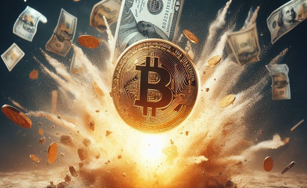 golden bitcoin exploding with us dollars