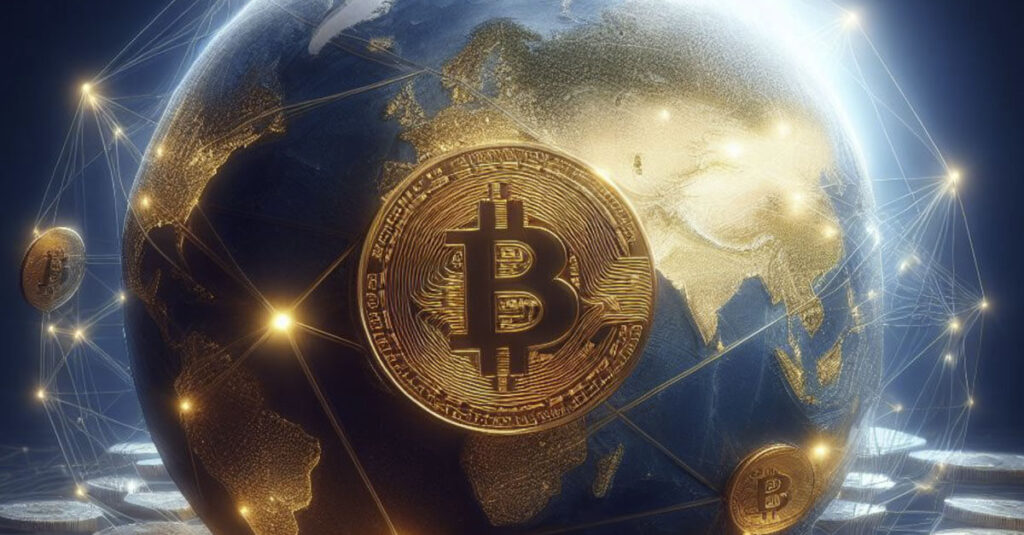 Moneda de bitcoin y la tierra