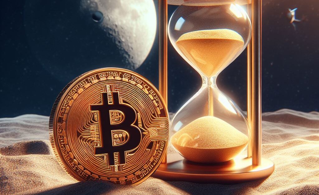 moneda de bitcoin y reloj de arena, de fondo una luna